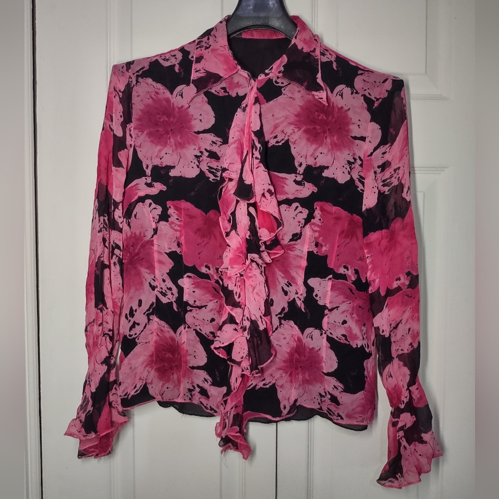 Womens Floral-Print Ruffled Collar Blouse Top Medium Pink Black Bell Sleeve